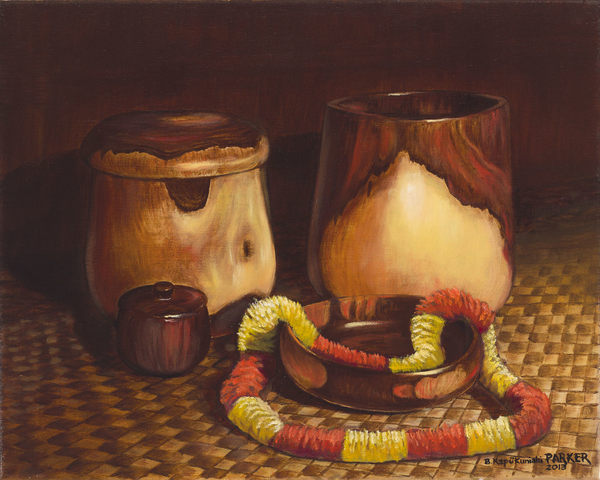 Hawaiian Koa Bowls with Feather Lei